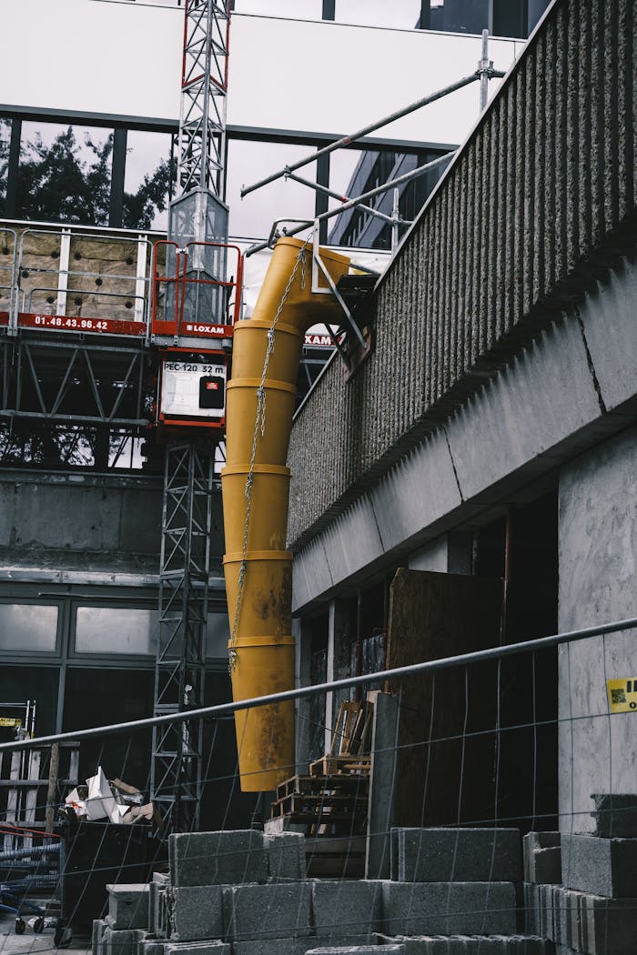 View of a construction site with scaffolding and concrete materials.